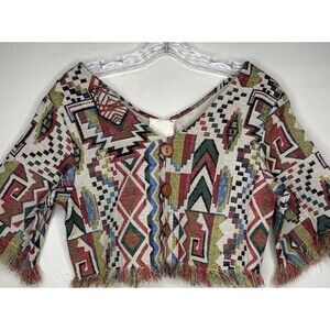 Vintage Tapestry Crop Boho Festival Art Top Blouse Womens Size Small